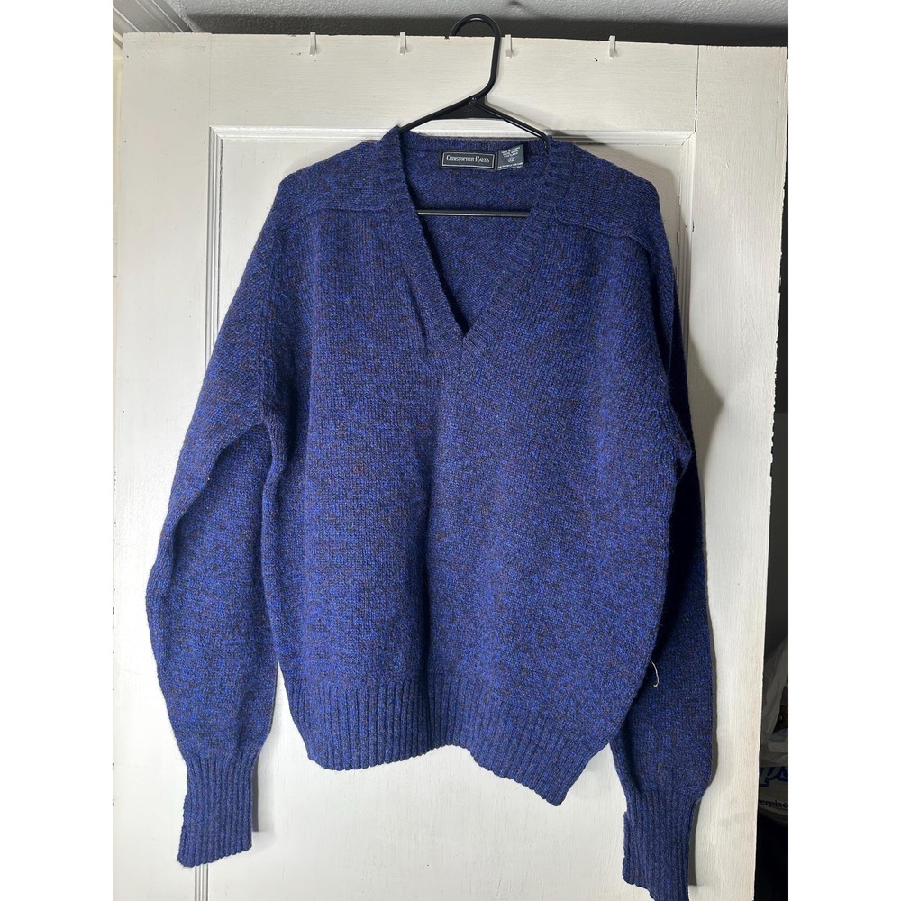 Vintage Christopher Hayes Ireland Shetland Wool Blue V-Neck Sweater Mens XL